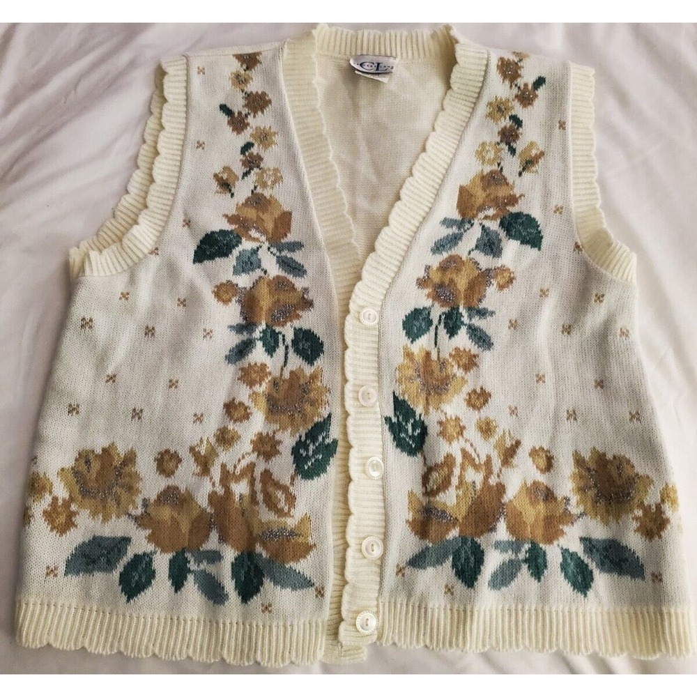 Vtg Sweater Vest Scalloped Edges Fall Floral Design Silver Accents Size Large